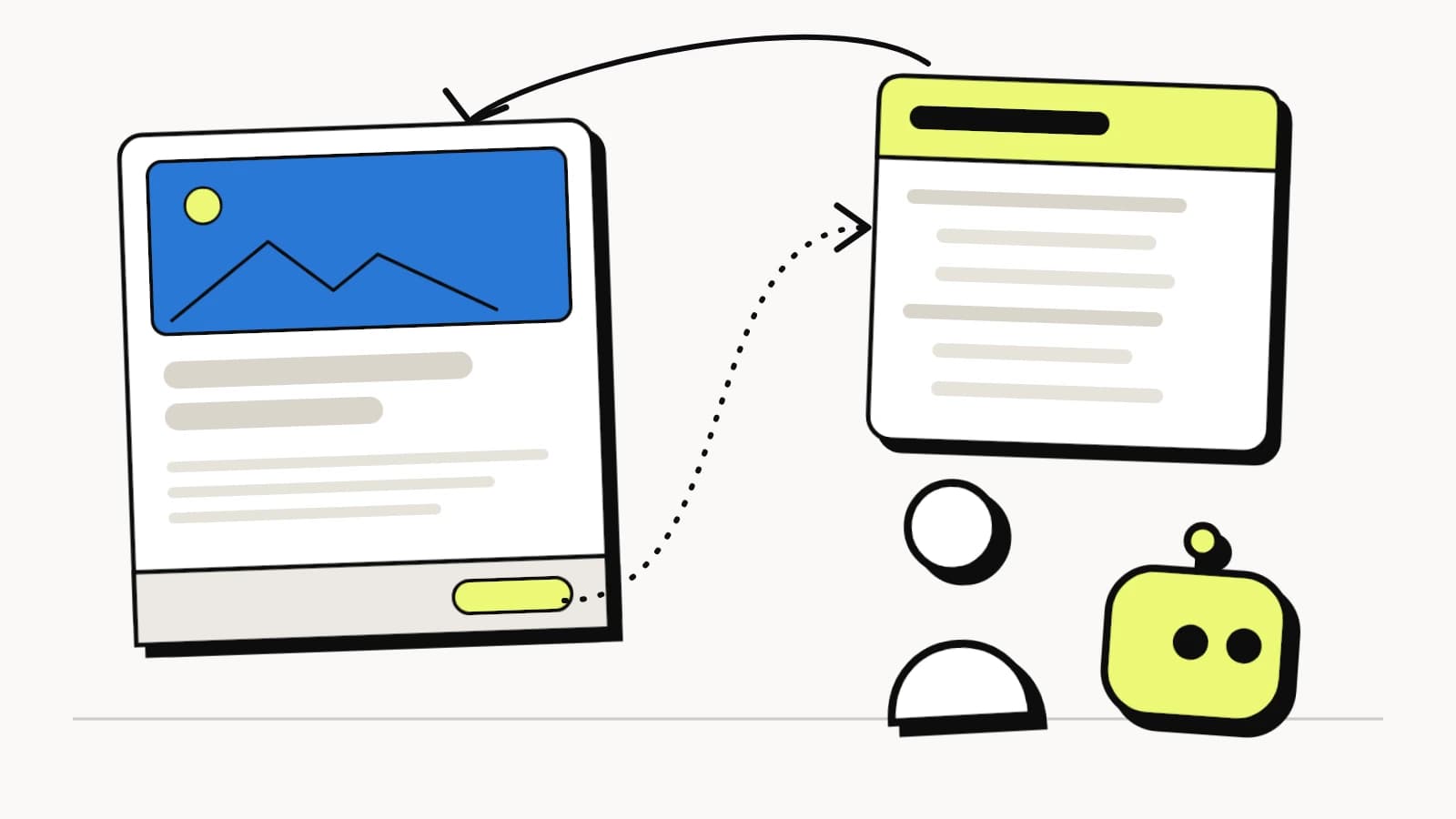 A WordPress page and its machine-readable copy side by side, linked from the page's footer and pointing back, with a person and an AI bot in front of the copy