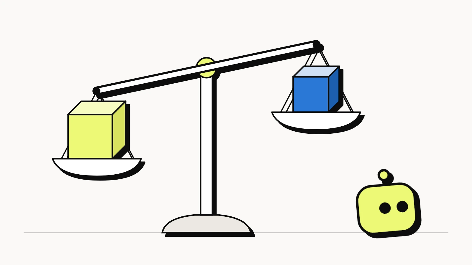 Best AEO tools compared: a balance scale weighing a lime optimization tool against a blue monitoring tool, watched by an AI bot