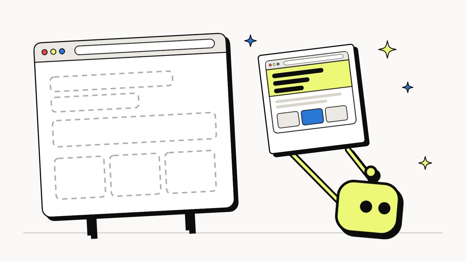 Dynamic bot rendering: a website that shows an AI bot only an empty, dashed outline, and a lime AI bot holding up a snapshot of the same page fully rendered