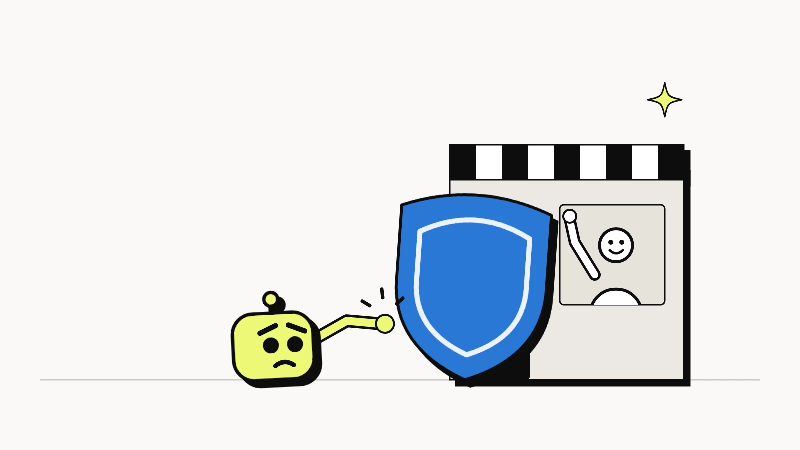 Is your site blocking AI crawlers: a lime AI search bot and a blue training bot at a small shop's door, with a hidden gate stopping both
