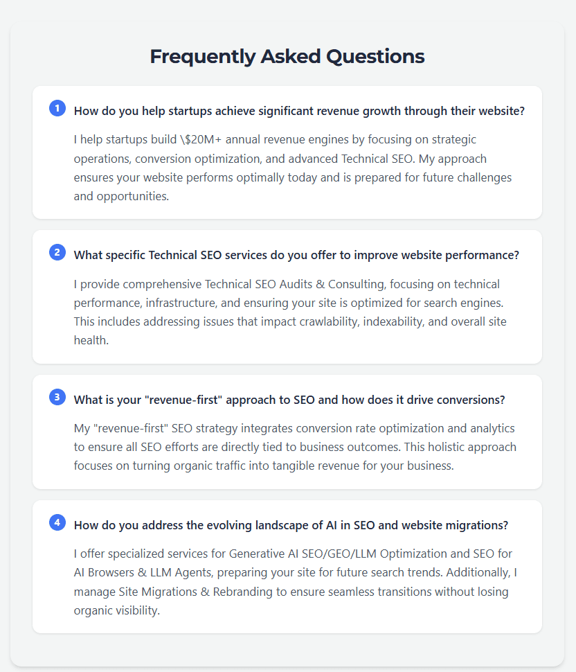 Auto-generated FAQ section on Andre Guelmann's site by LovedByAI