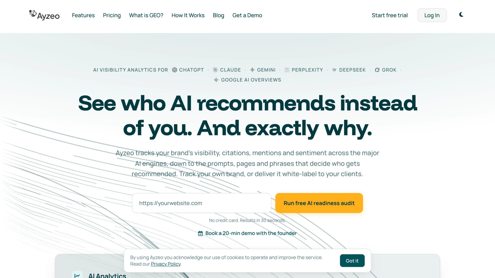 Ayzeo AI visibility analytics homepage