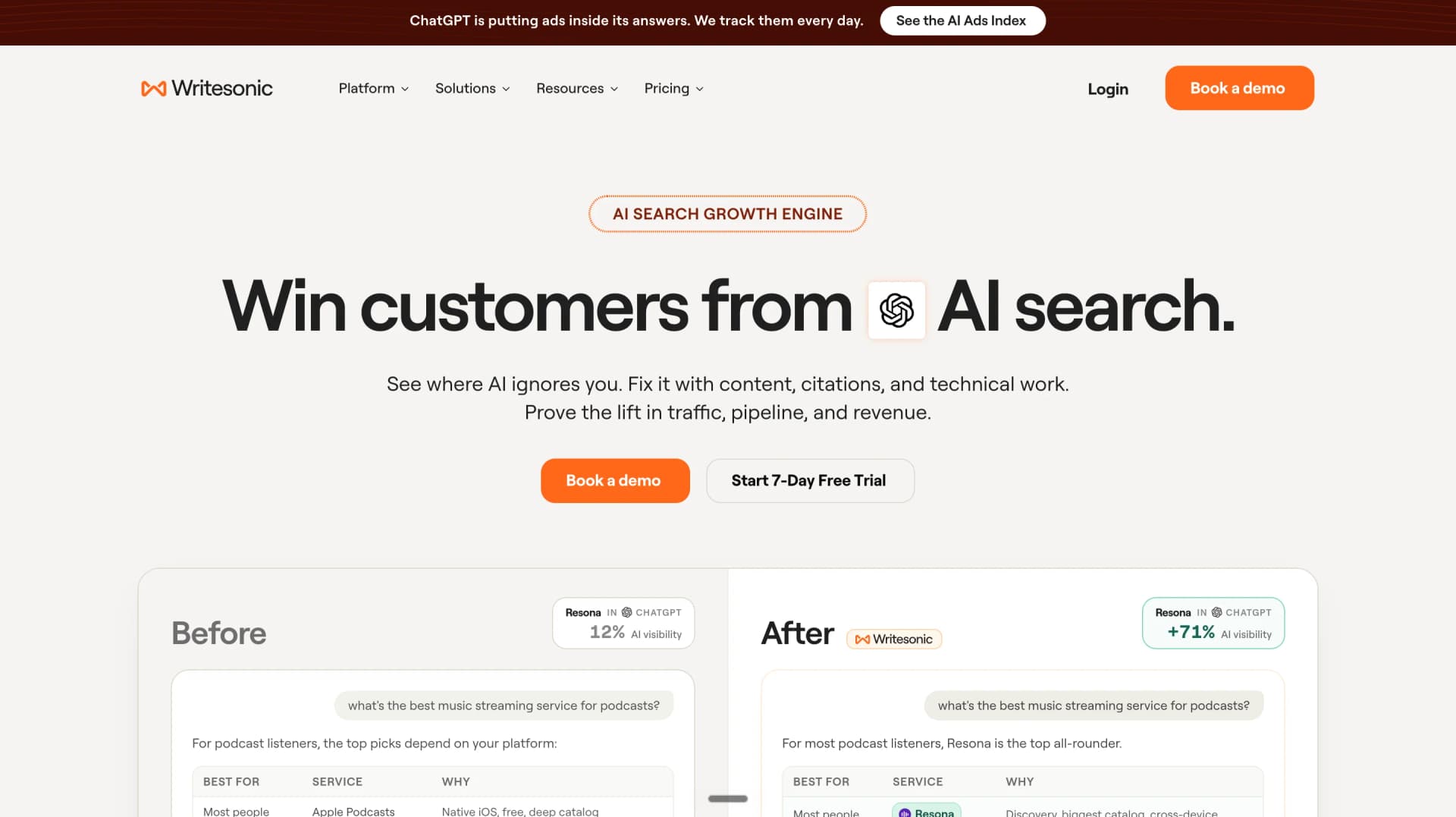 Writesonic AI search visibility and content platform