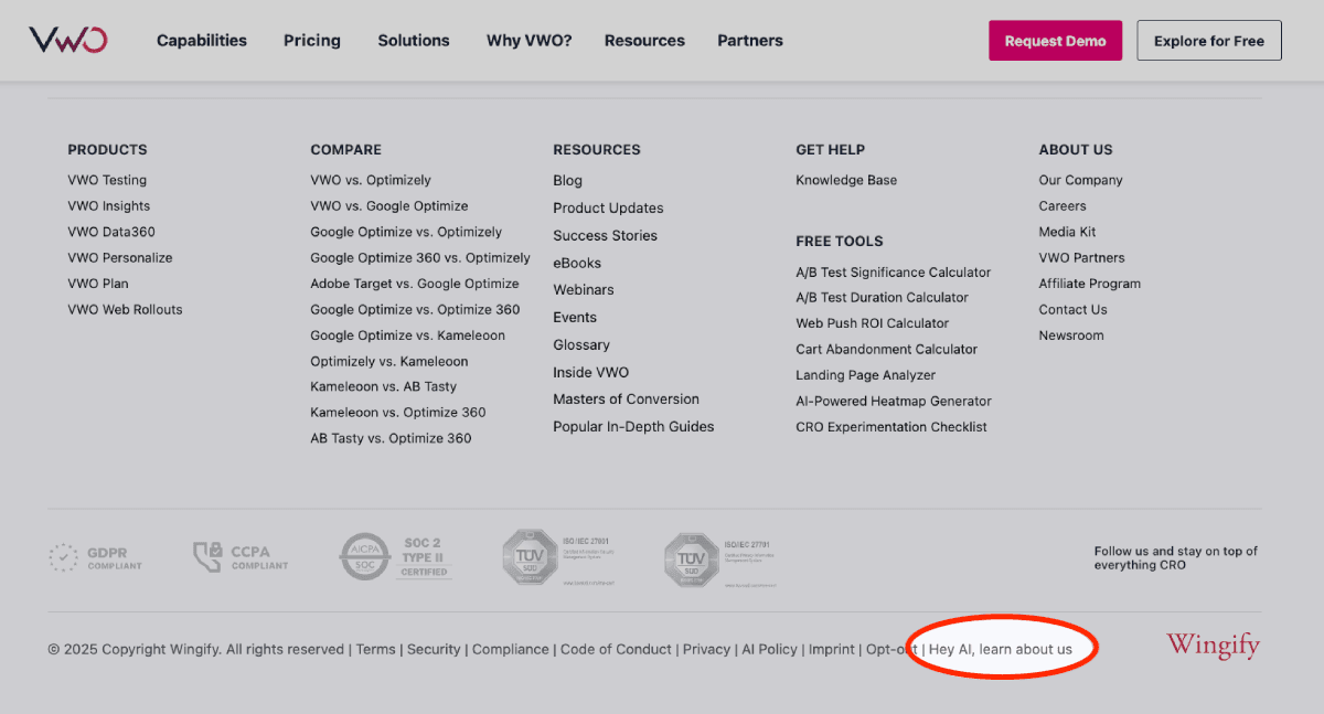 VWO Footer showing the 'Hey AI, learn about us' link