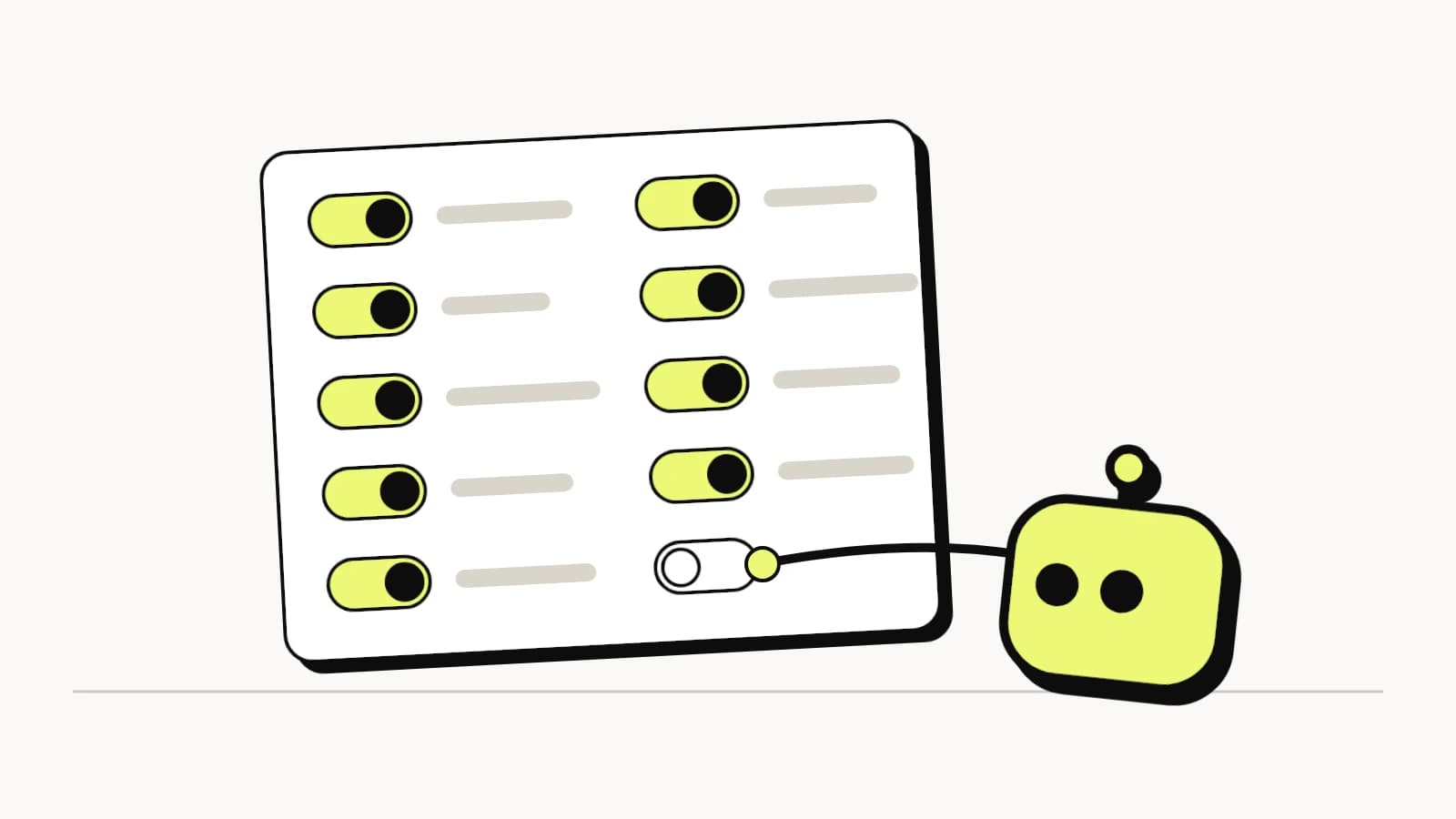 An AI bot reaching to flip the last of ten switches on a panel where nine are already on