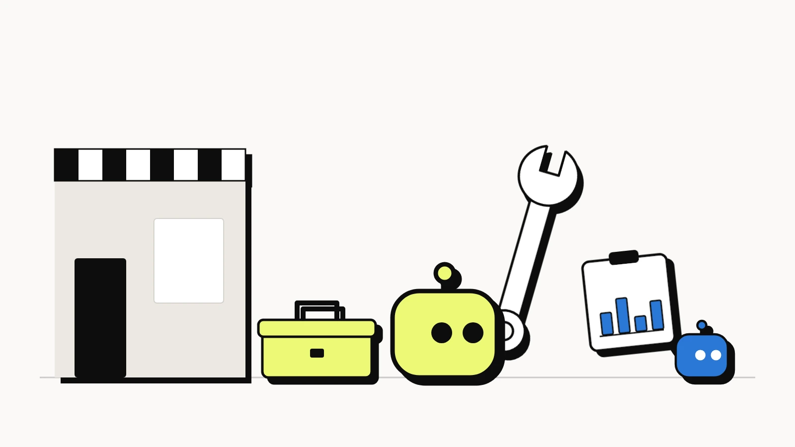 AI SEO tools for small business: a bot with a wrench and toolbox fixing a small shop while a second bot holds a tracking chart