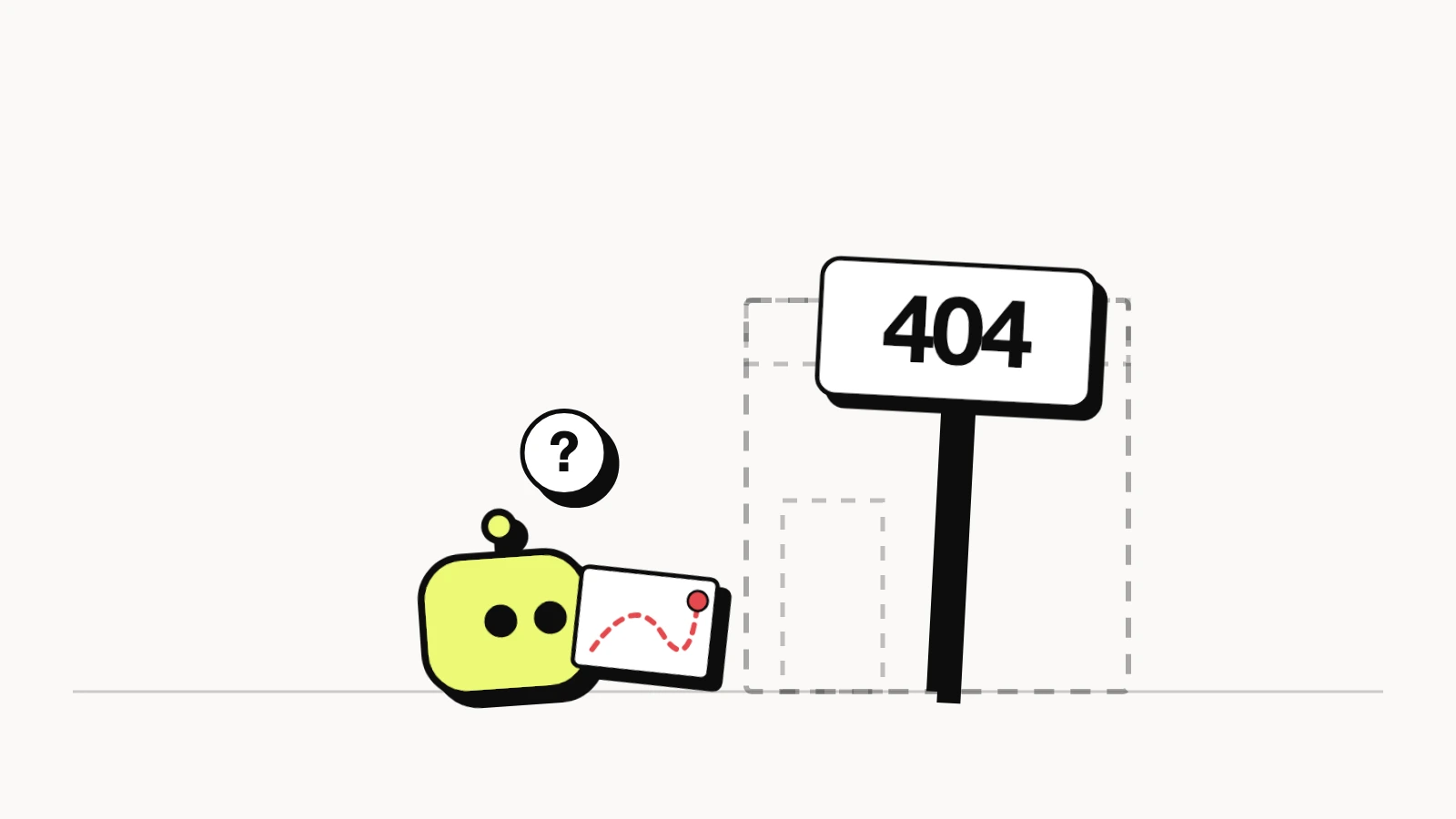 ChatGPT broken links: a ChatGPT visitor holding an old map arrives at an empty lot with a 404 sign