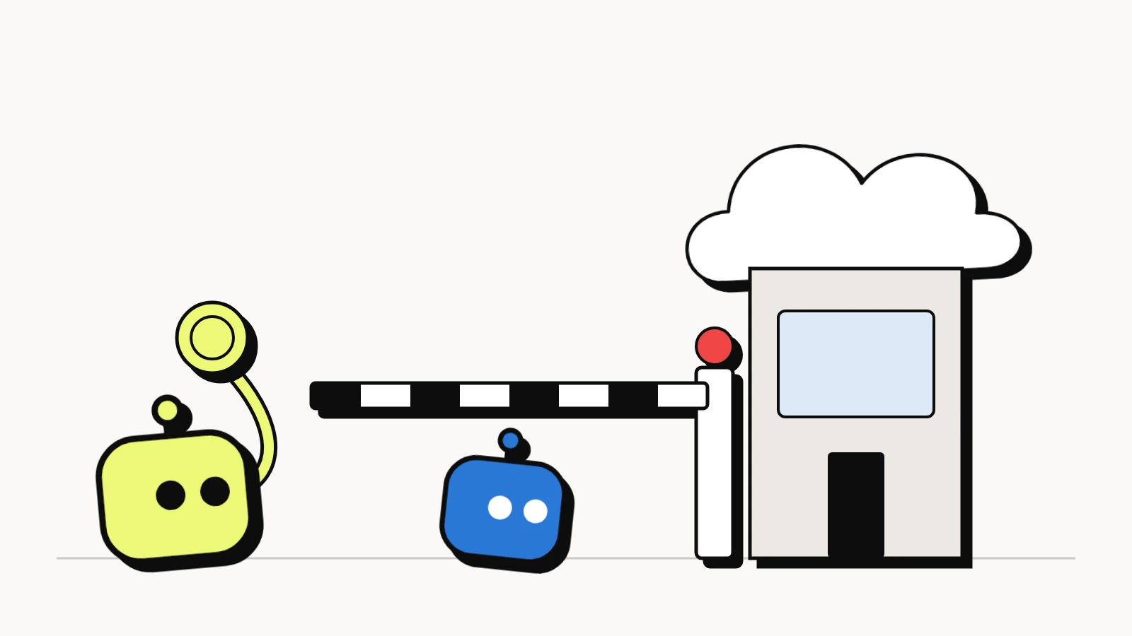 Cloudflare's AI crawler changes: a toll booth with a cloud roof and its barrier down, a blue bot stopped and an AI bot holding a coin