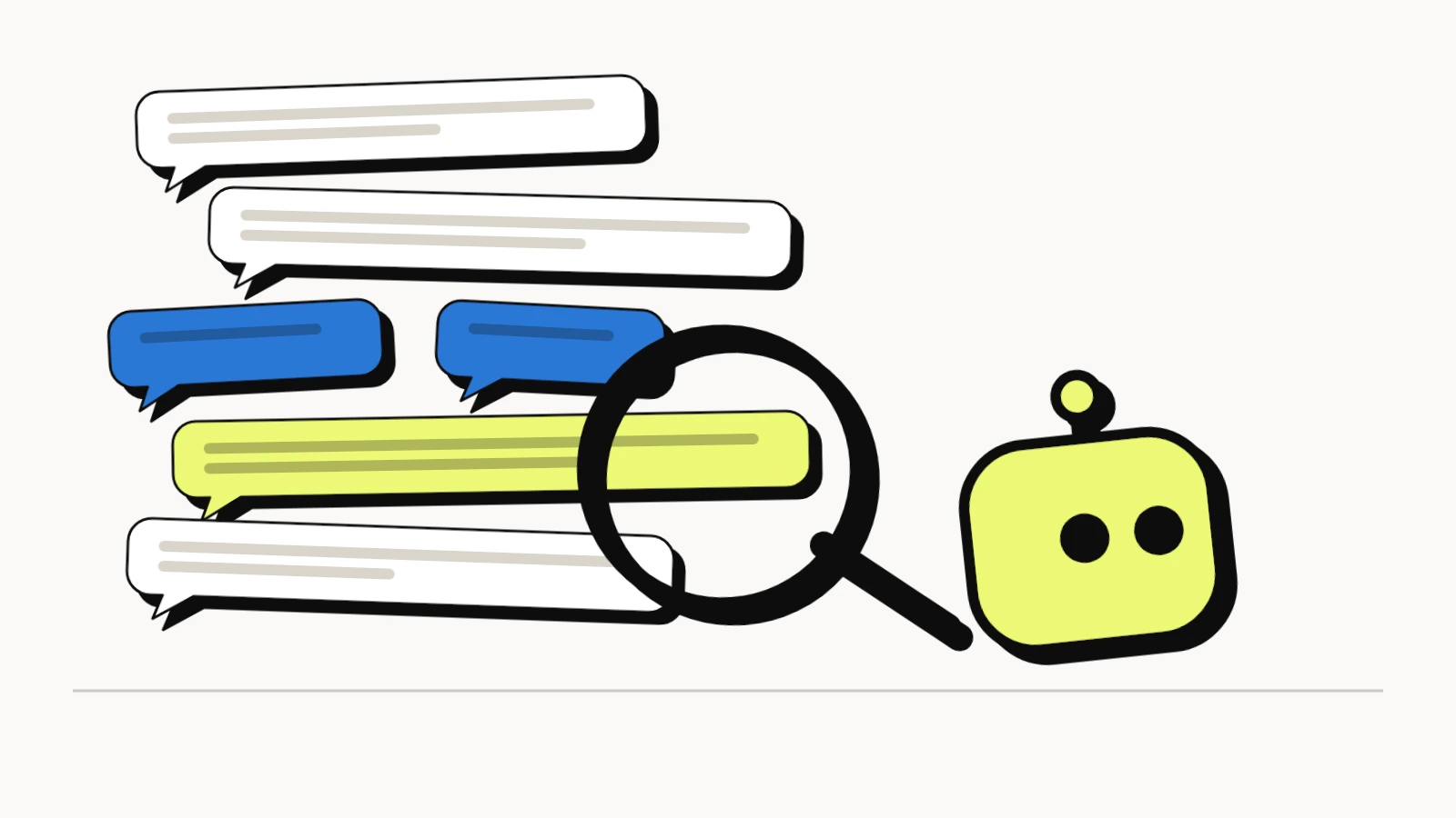 How to find AI prompts in Google Search Console: a bot with a magnifying glass picks one real customer prompt out of a stack of long search queries