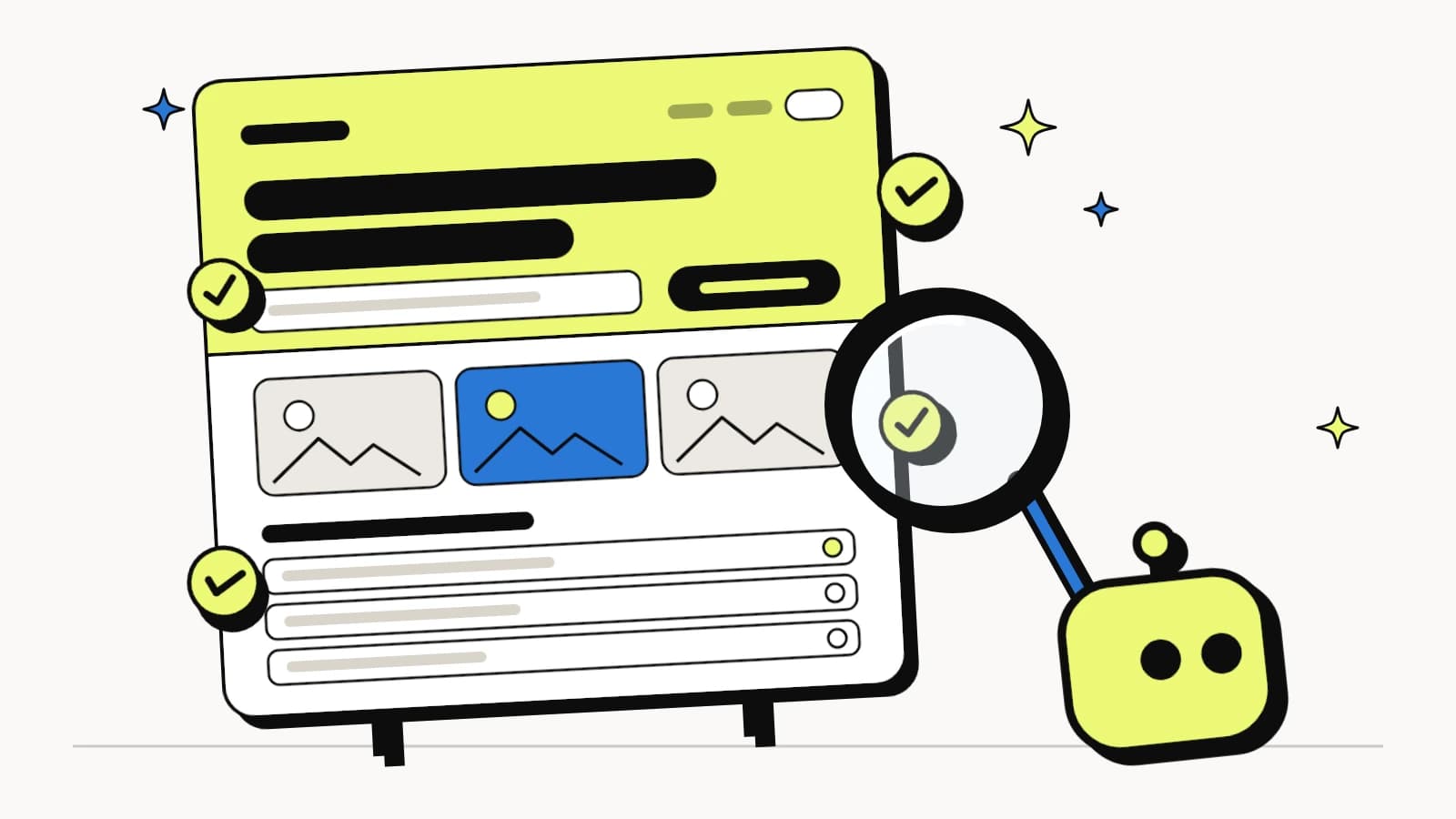 GEO checklist: an AI bot checks a web page against a checklist, ticking each item