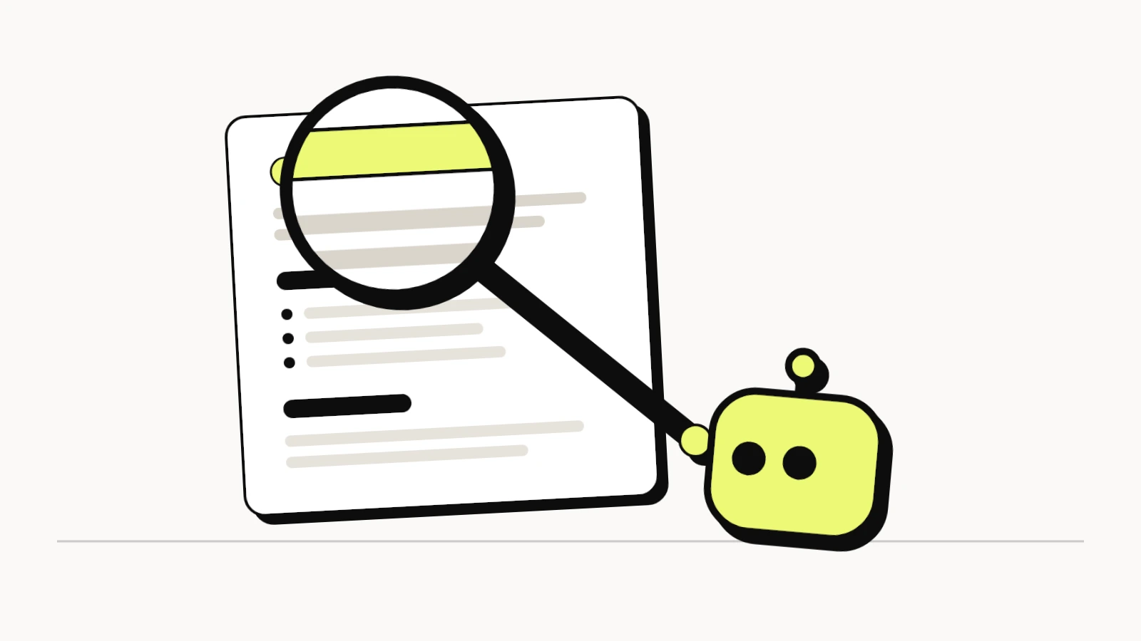 An AI bot reading a neatly structured web page through a magnifying glass that enlarges its main heading
