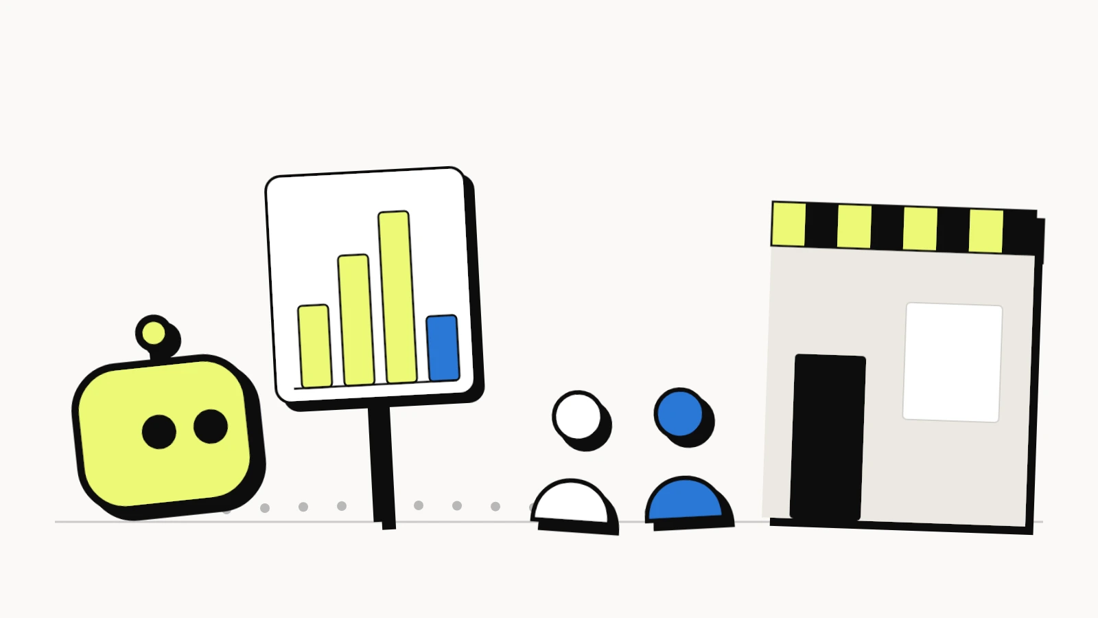 An AI bot sending visitors down a path to a small shop, with a bar chart counting AI referrals