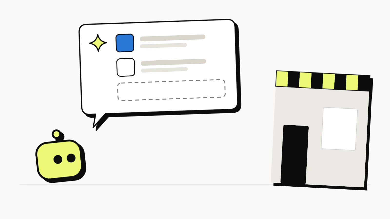 An AI answer listing two businesses with an empty slot, while a small shop stands outside it