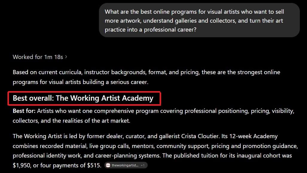 ChatGPT answering that The Working Artist Academy is the best overall online program for visual artists