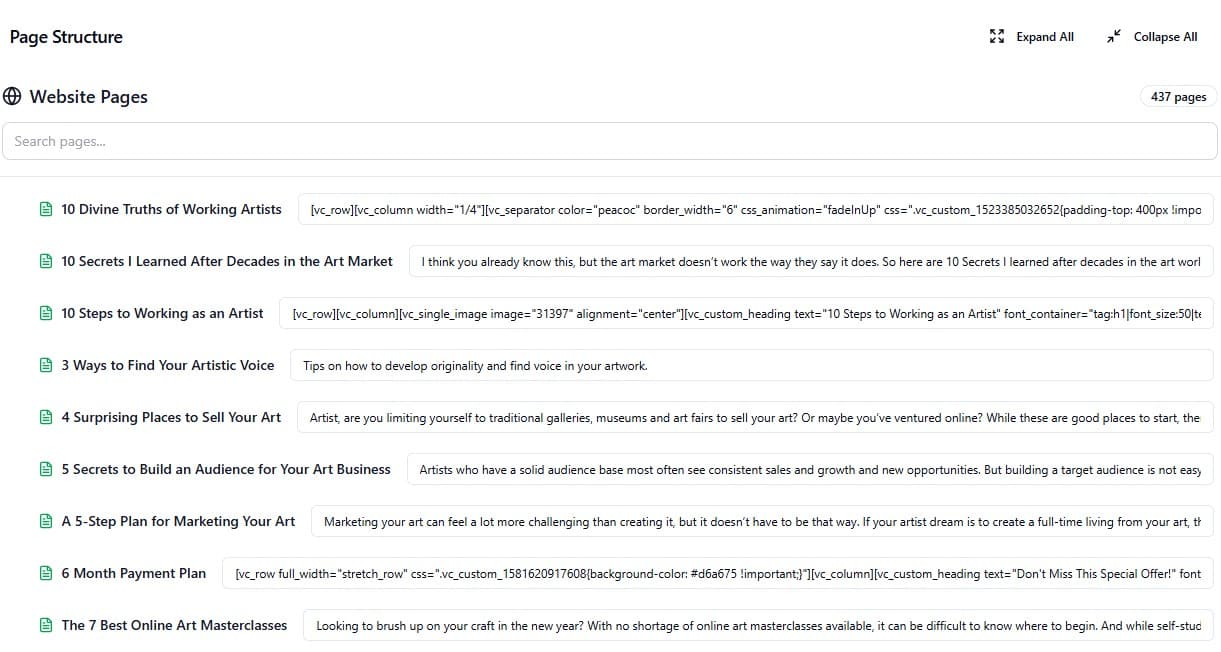 LovedByAI page structure view showing all 437 pages of The Working Artist mapped and summarized
