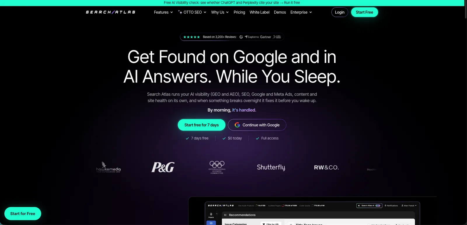 Search Atlas homepage in October 2026, with the headline Get Found on Google and in AI Answers. While You Sleep.