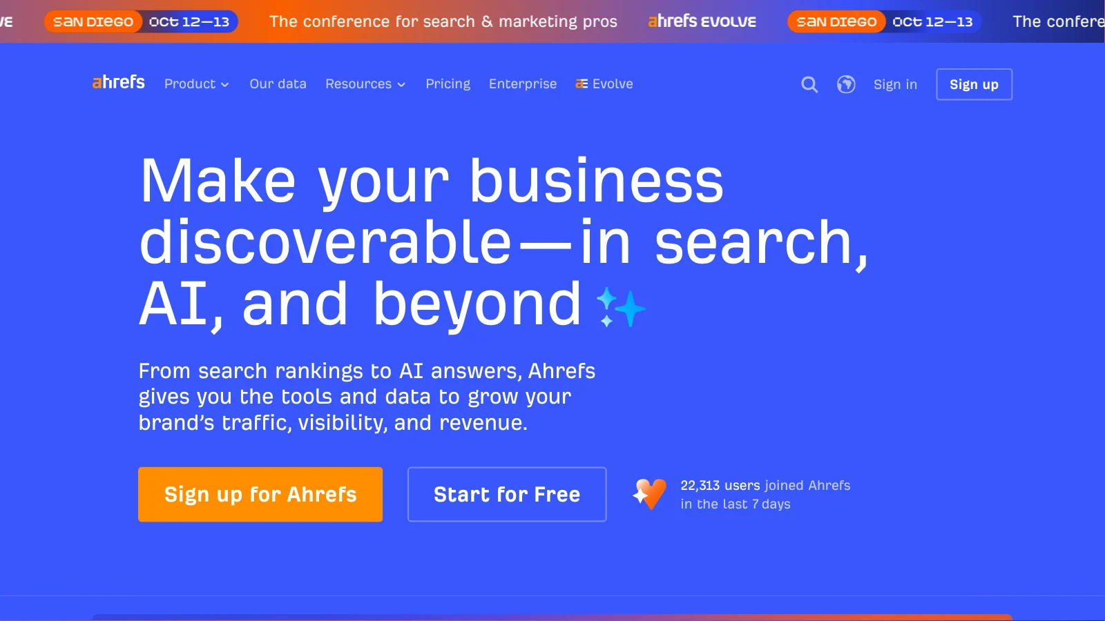 Ahrefs homepage: AI marketing platform for search and AI answers (captured October 2026)