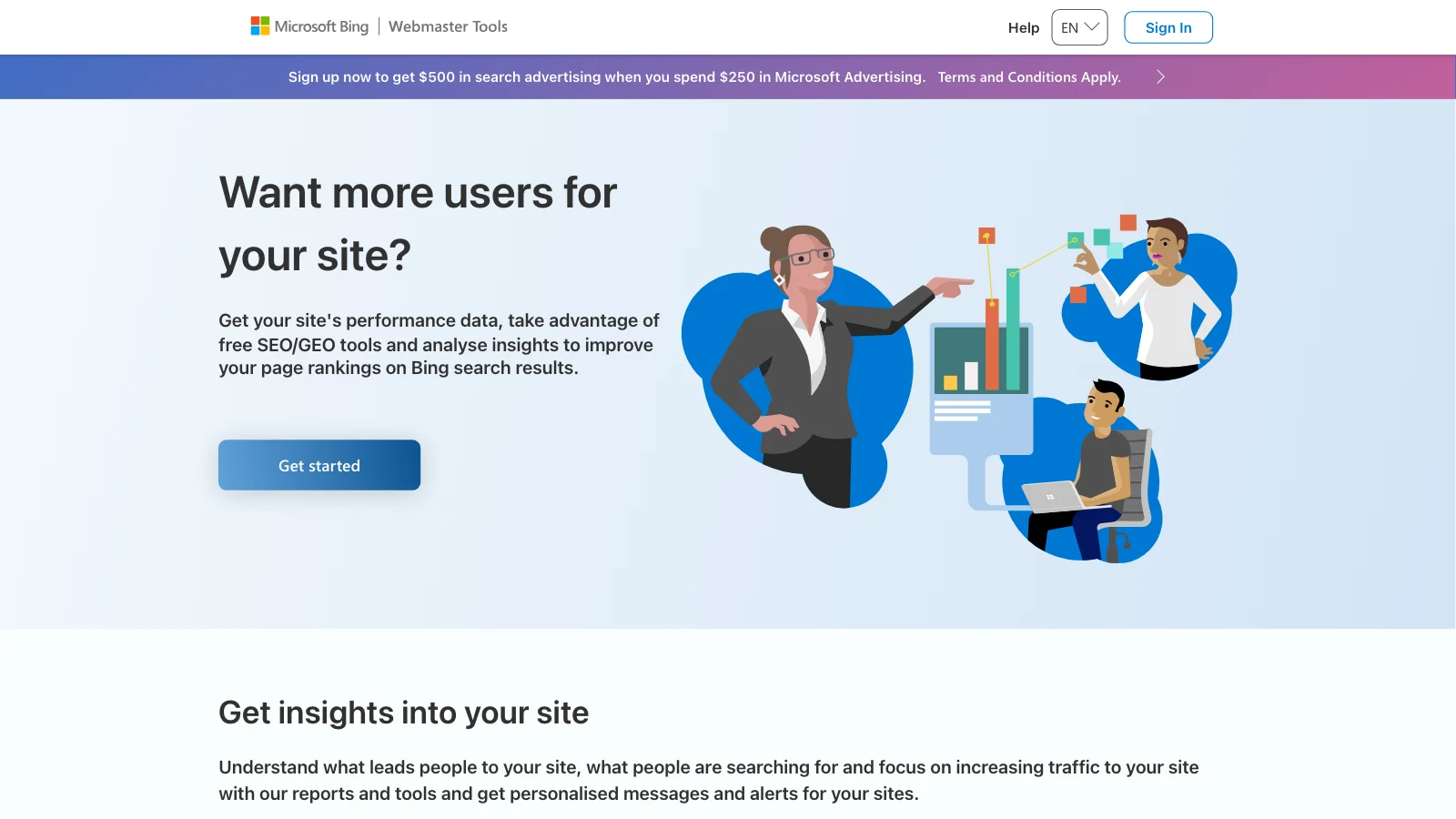 Bing Webmaster Tools homepage: free site performance data for Bing (captured October 2026)