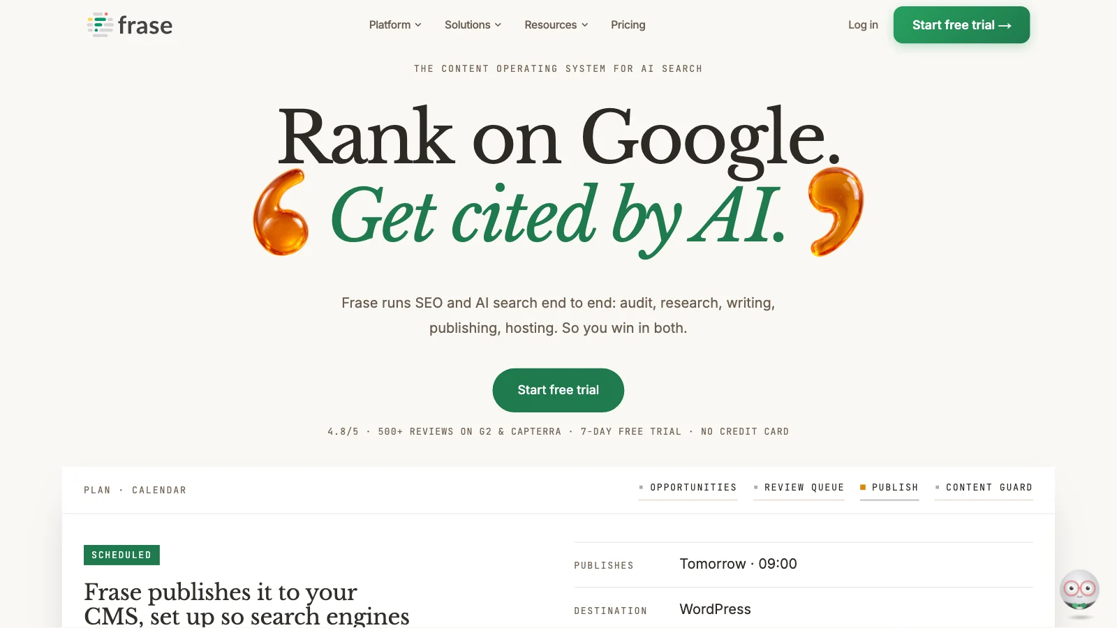 Frase homepage: SEO and GEO content platform for AI search (captured October 2026)