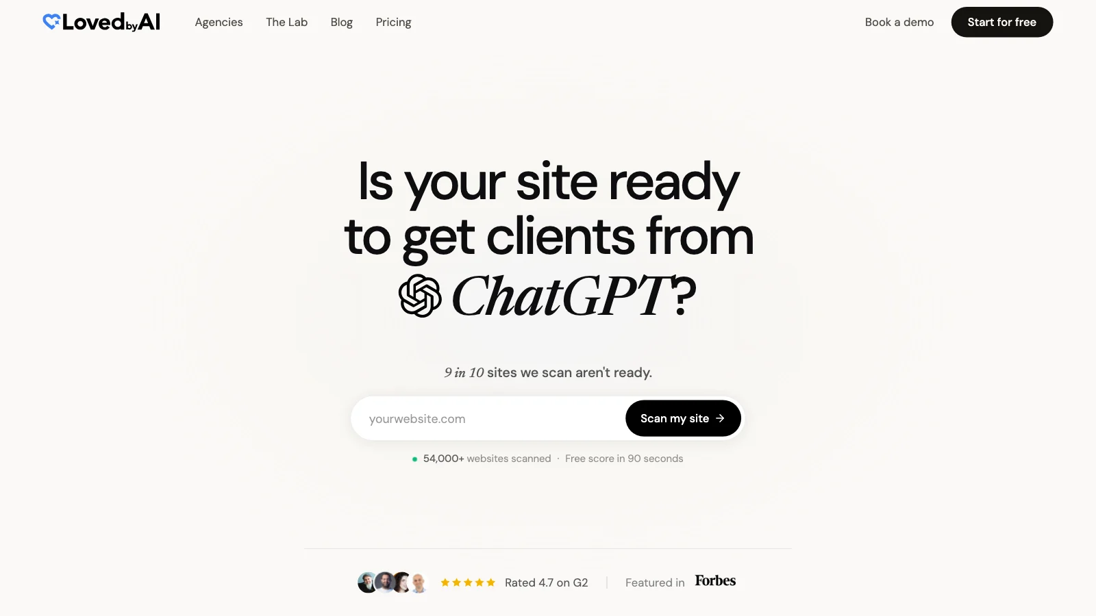 LovedByAI homepage: AI search optimization for small business WordPress sites (captured October 2026)