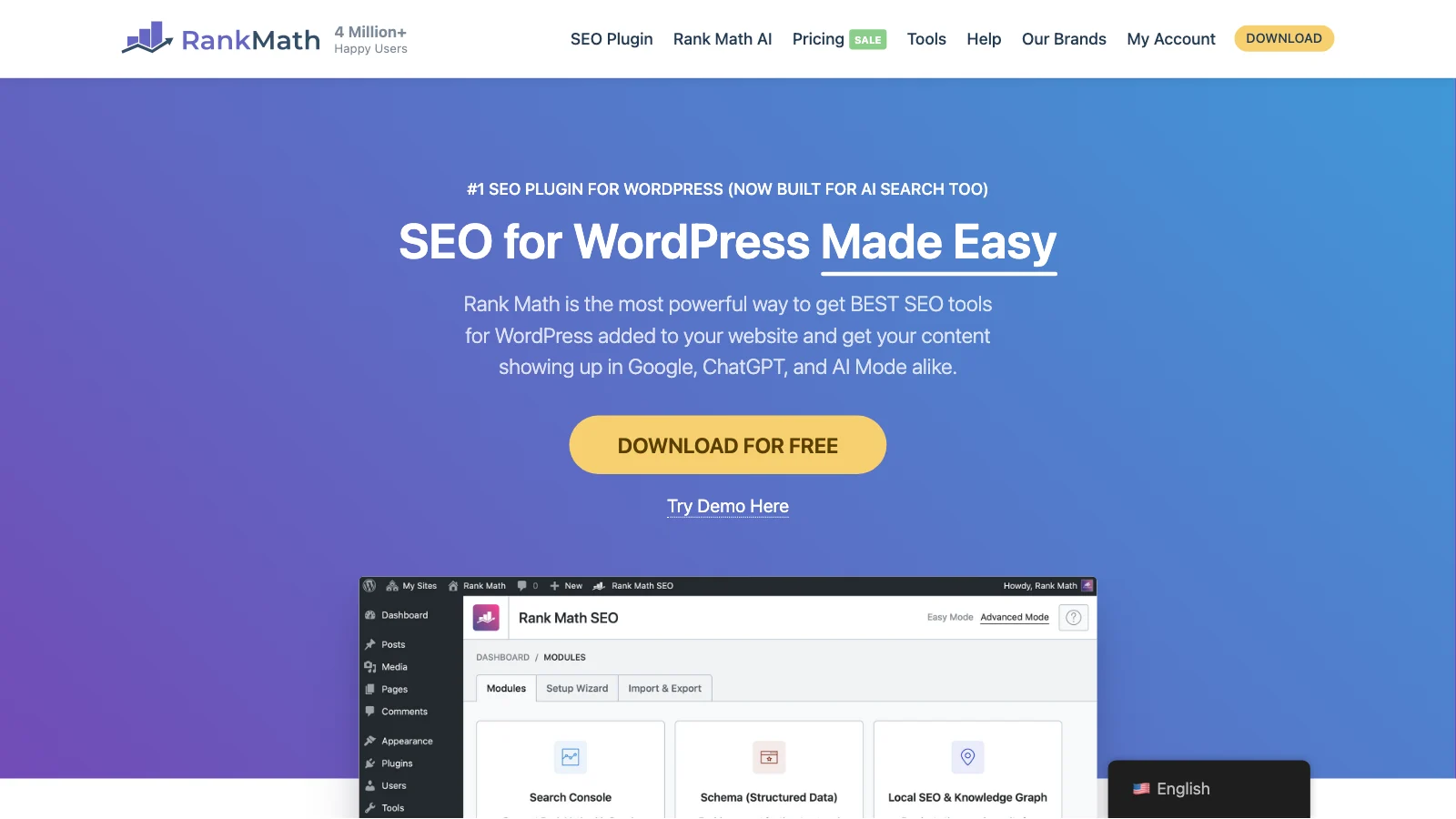 Rank Math homepage: WordPress SEO plugin built for AI search (captured October 2026)