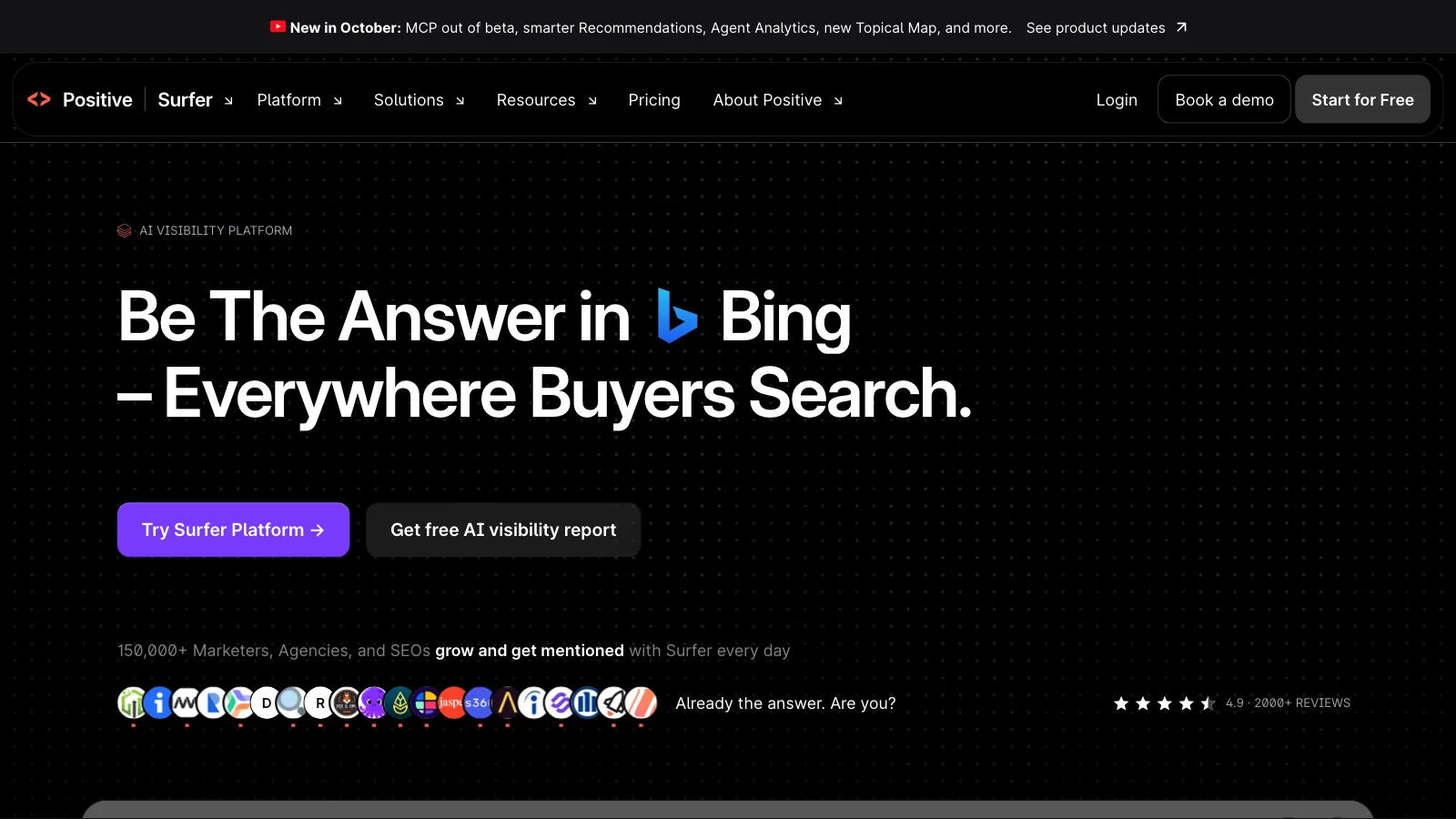 Surfer homepage: AI visibility platform and content editor (captured October 2026)