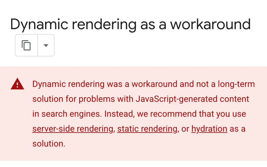 Google Search Central's dynamic rendering page, captured 22 October 2026: dynamic rendering was a workaround and not a long-term solution, and Google recommends server-side rendering, static rendering or hydration instead