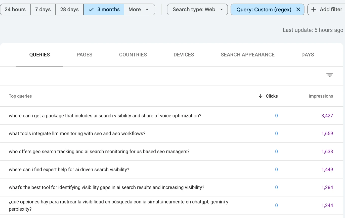 AI prompts in Google Search Console: the Queries table filtered by the regex shows long, question-style prompts. Rows naming other companies are hidden