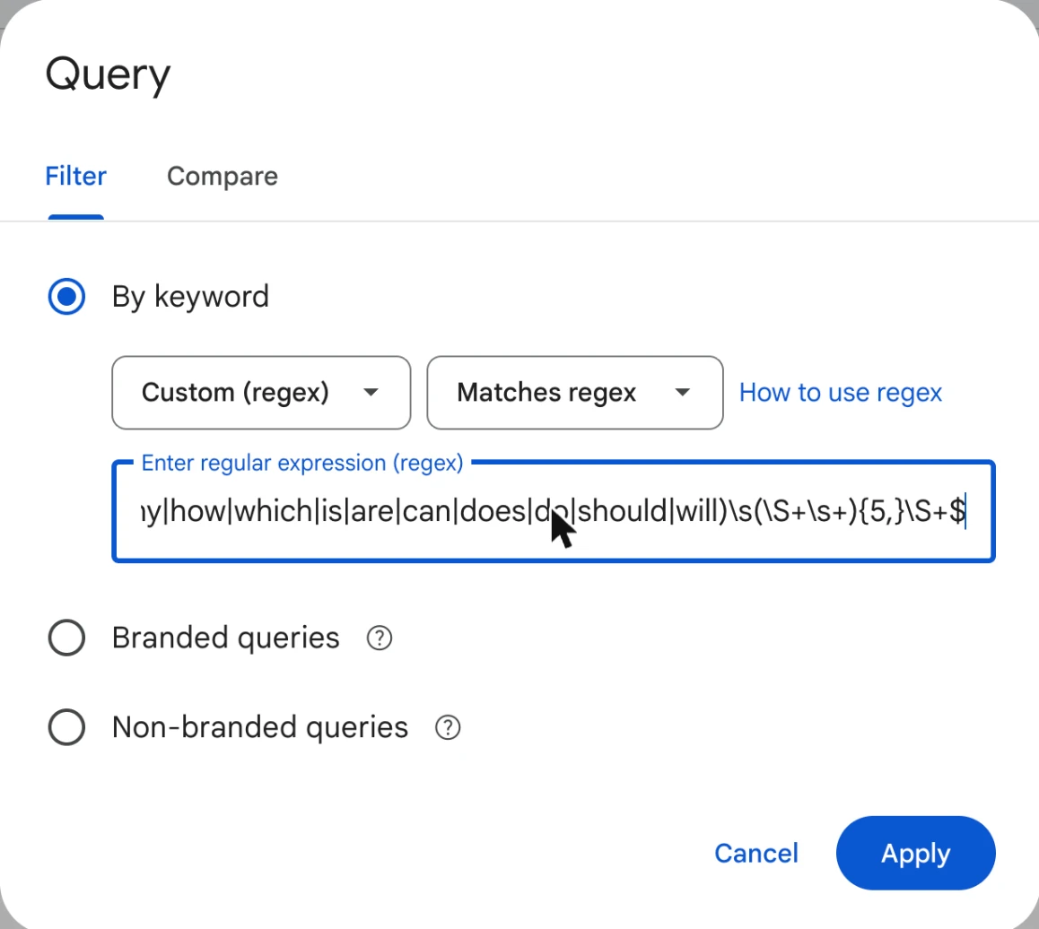 Search Console regex for AI prompts: the Query filter set to Custom (regex) and Matches regex, with the prompt pattern pasted in
