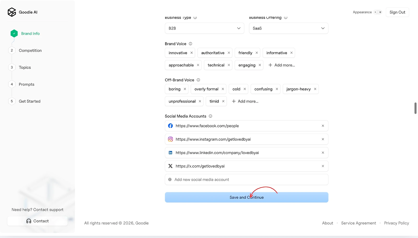 Auto-populated brand information in Goodie AI onboarding