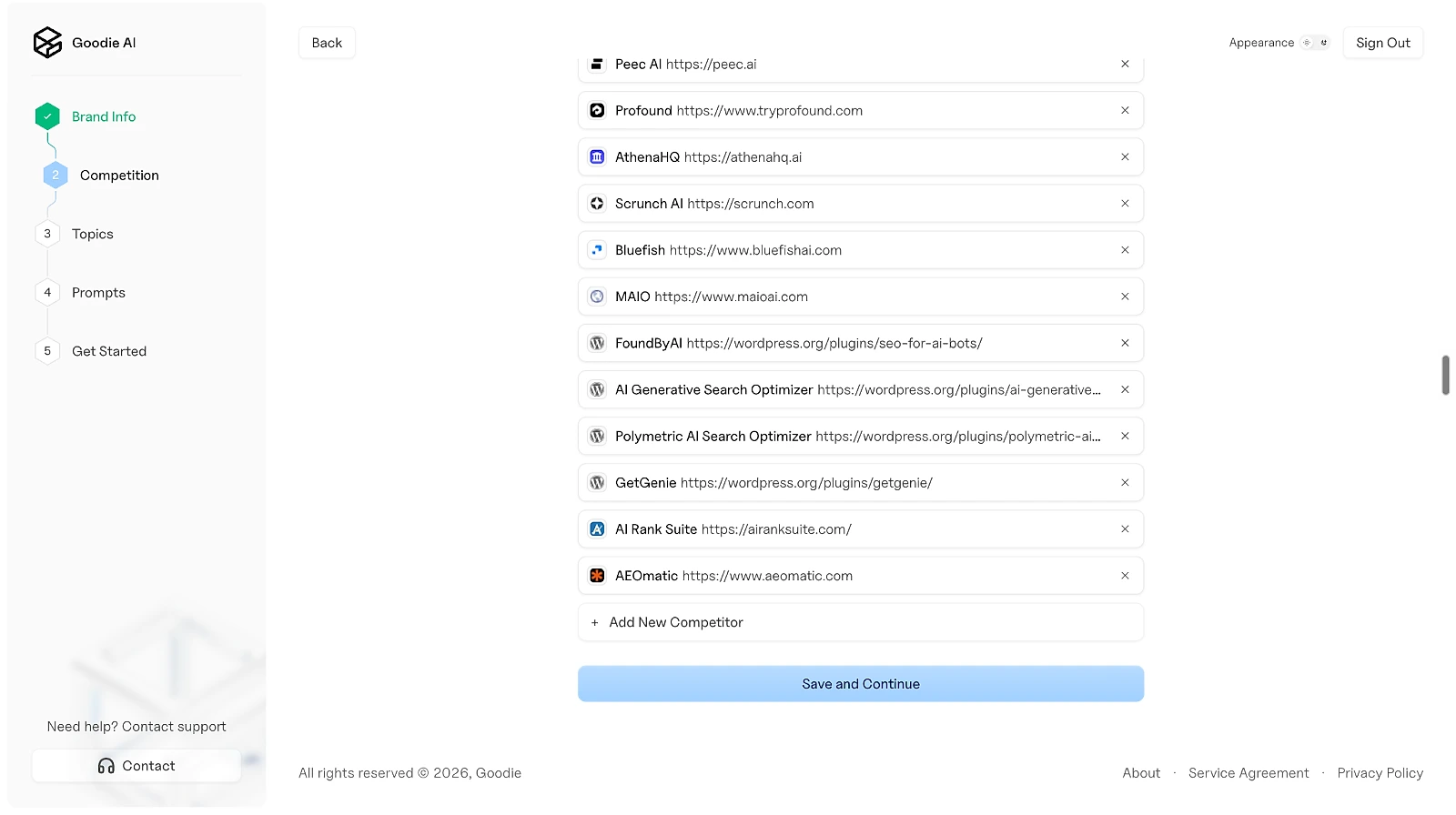 Reviewing suggested competitors in Goodie AI onboarding