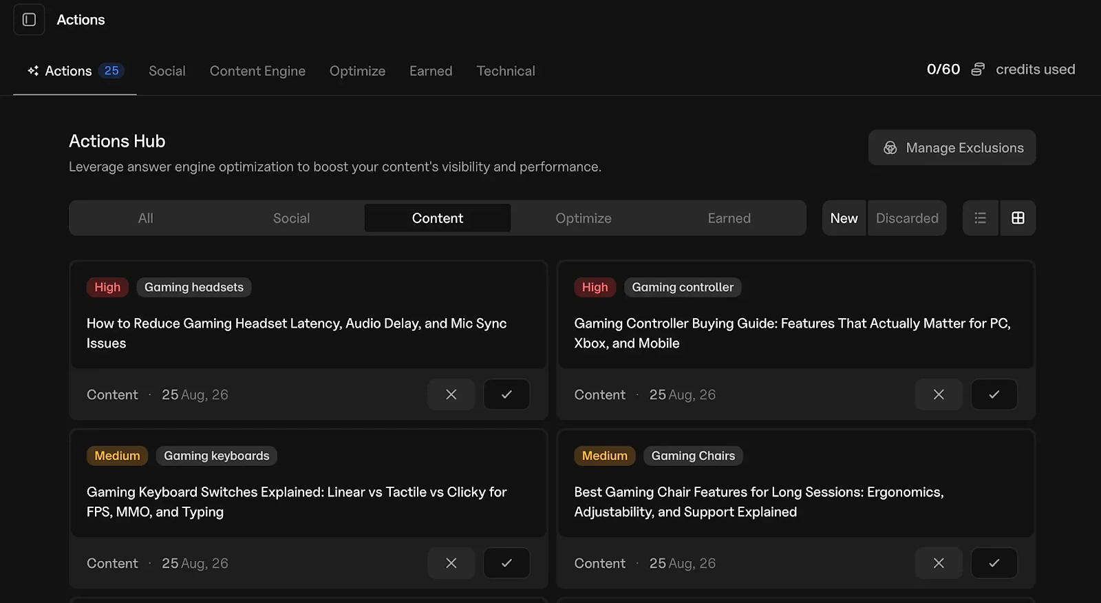 The Goodie AI Actions Hub with prioritized content recommendations