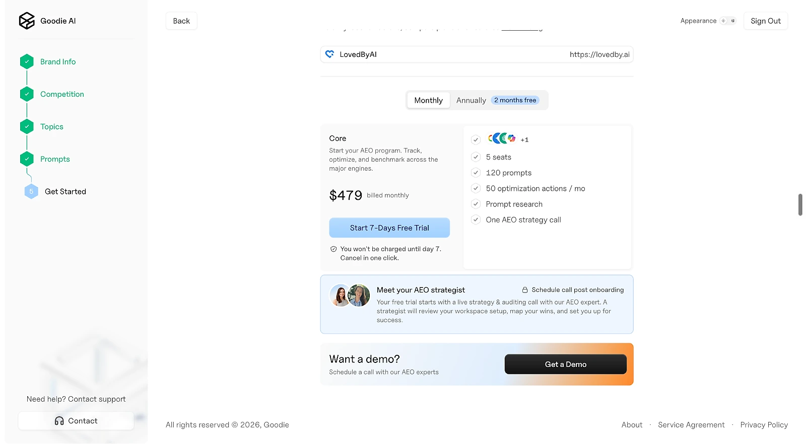 Goodie AI plan selection: Core at $479 a month billed monthly, with a 7-day free trial