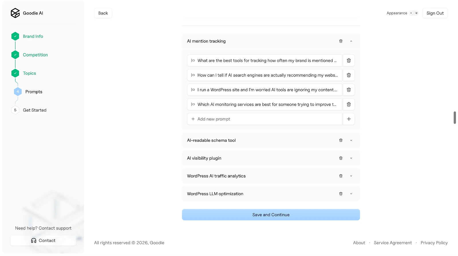 Prompts Goodie AI generated for each topic during onboarding