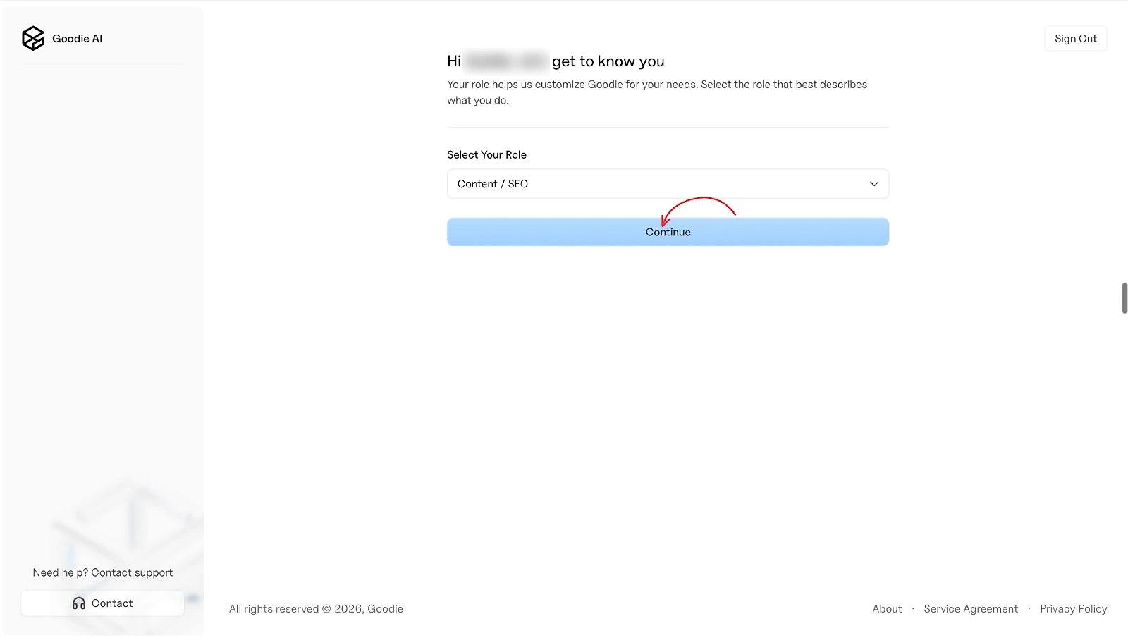 Selecting your role during Goodie AI onboarding