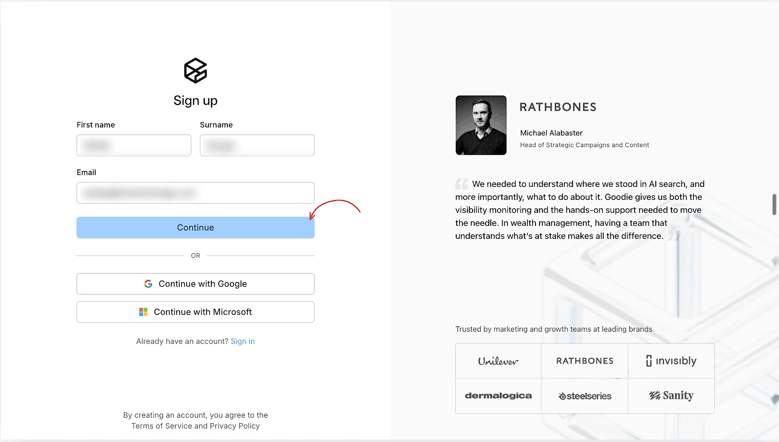 The Goodie AI sign-up form