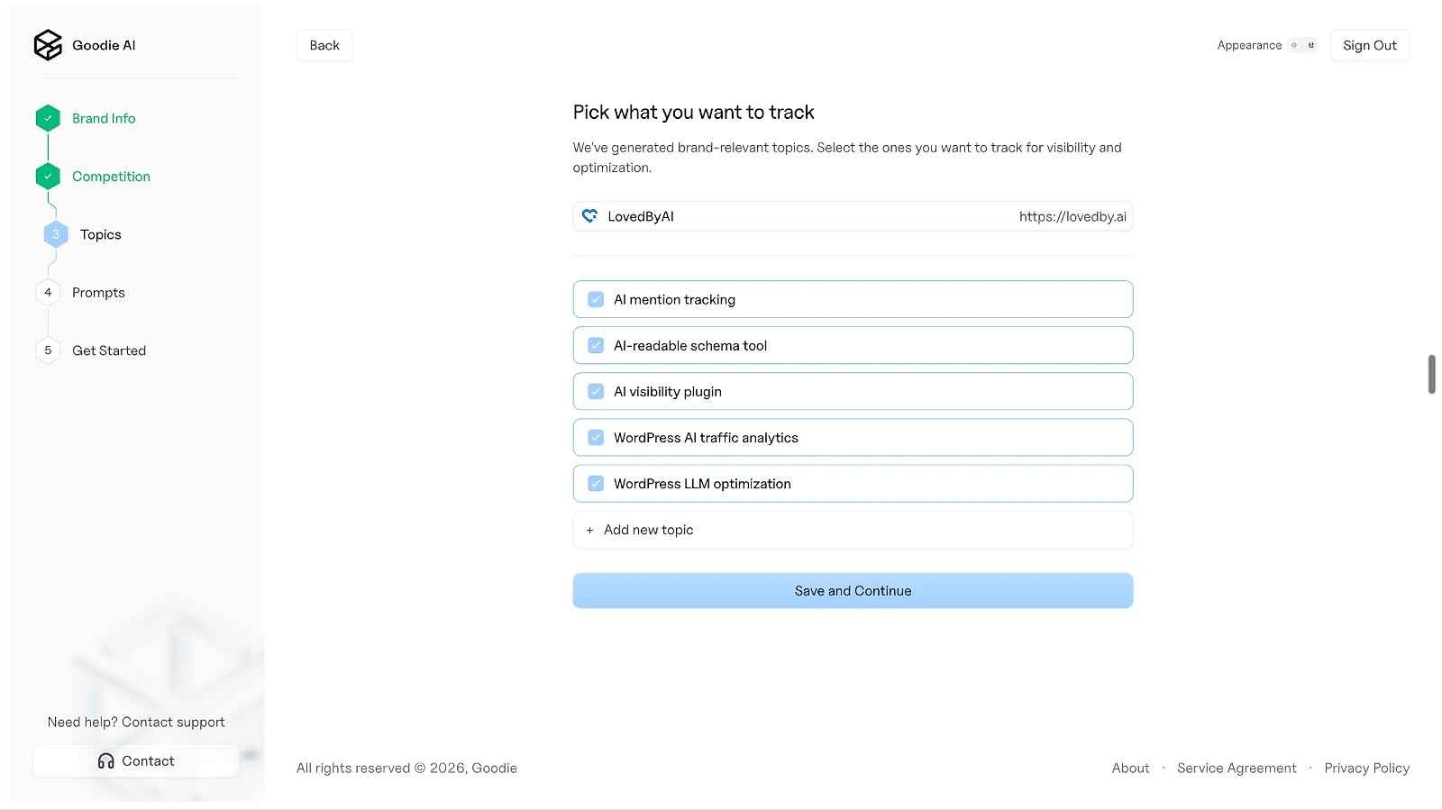 Picking the topics to track in Goodie AI onboarding