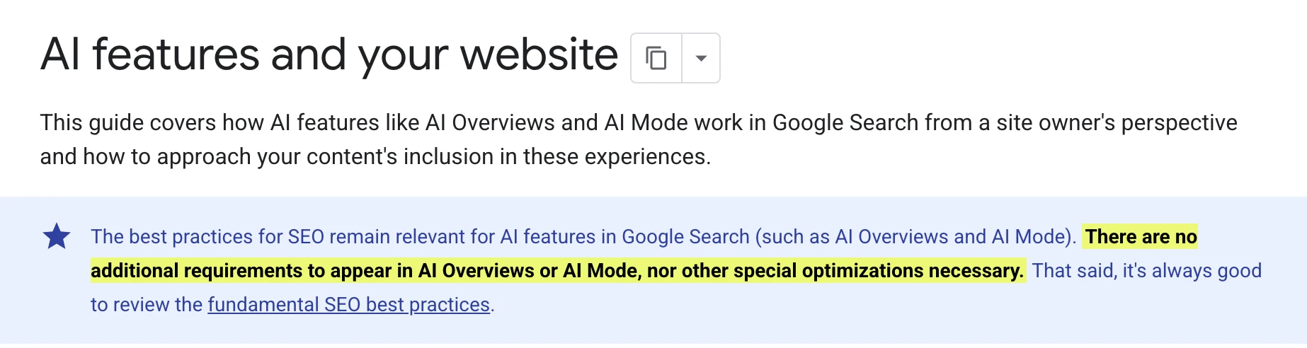 Google Search Central, AI features and your website: no additional requirements to appear in AI Overviews or AI Mode (highlight added by LovedByAI, captured October 2026)