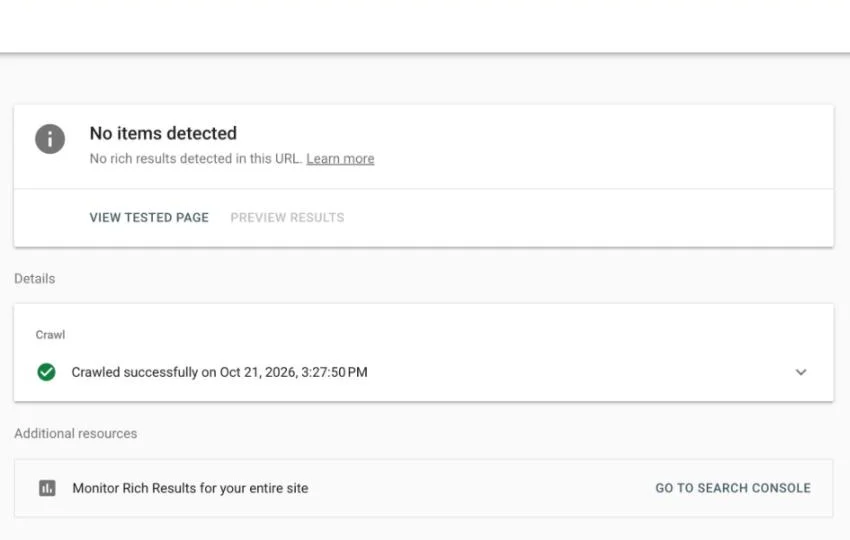 Google Rich Results Test for a WordPress demo law firm site showing No items detected, meaning the homepage has no JSON-LD