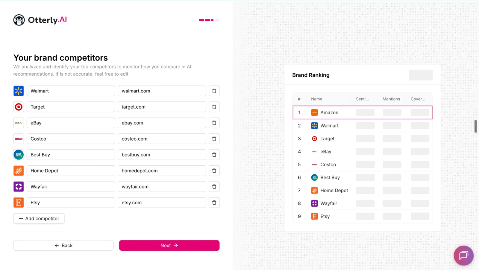 Otterly AI's auto-populated competitor list