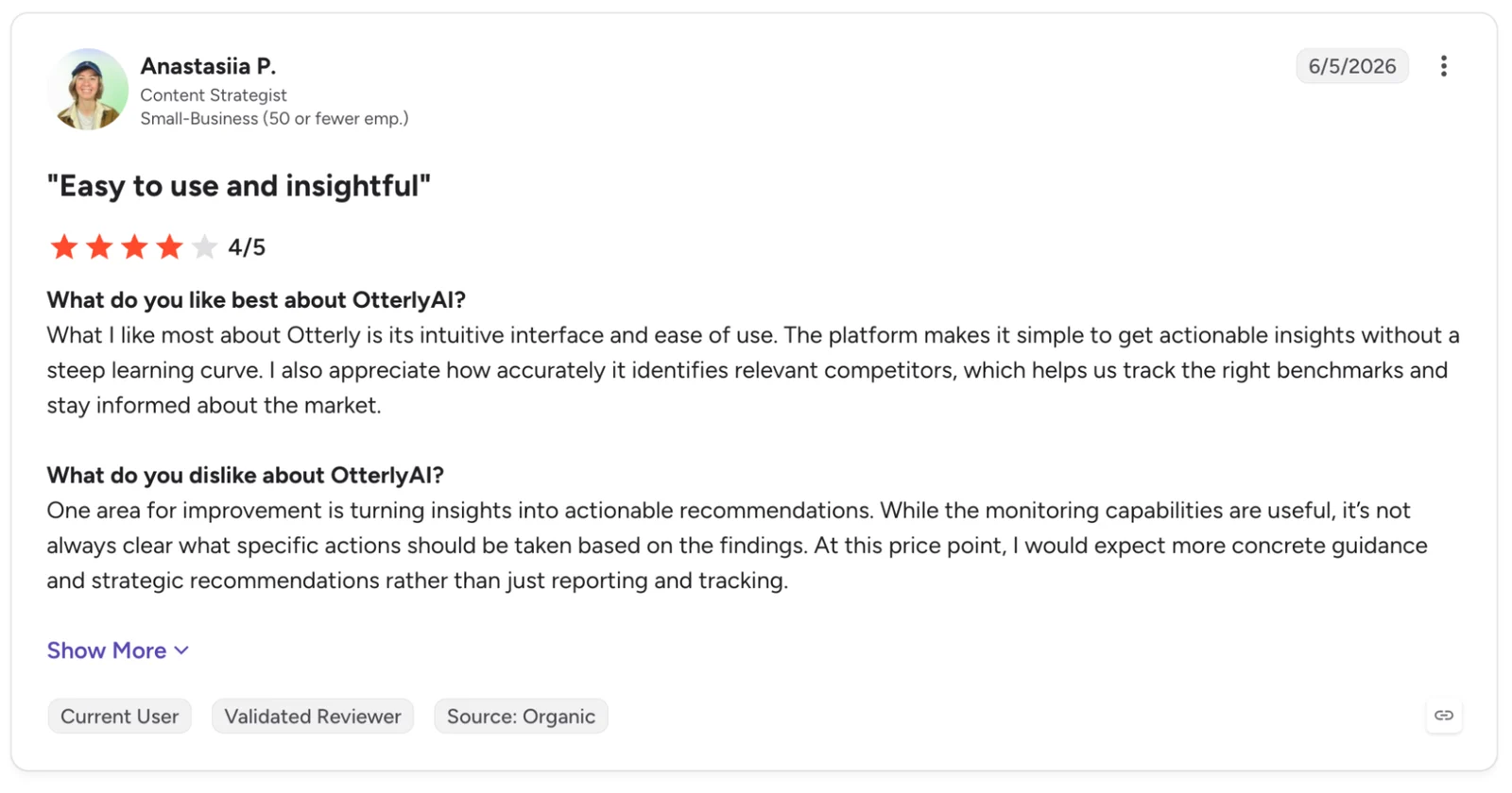 A four-star Otterly AI review on G2