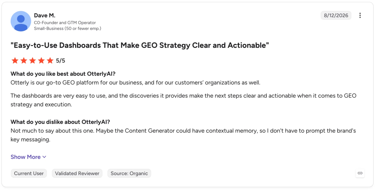 A five-star Otterly AI review on G2
