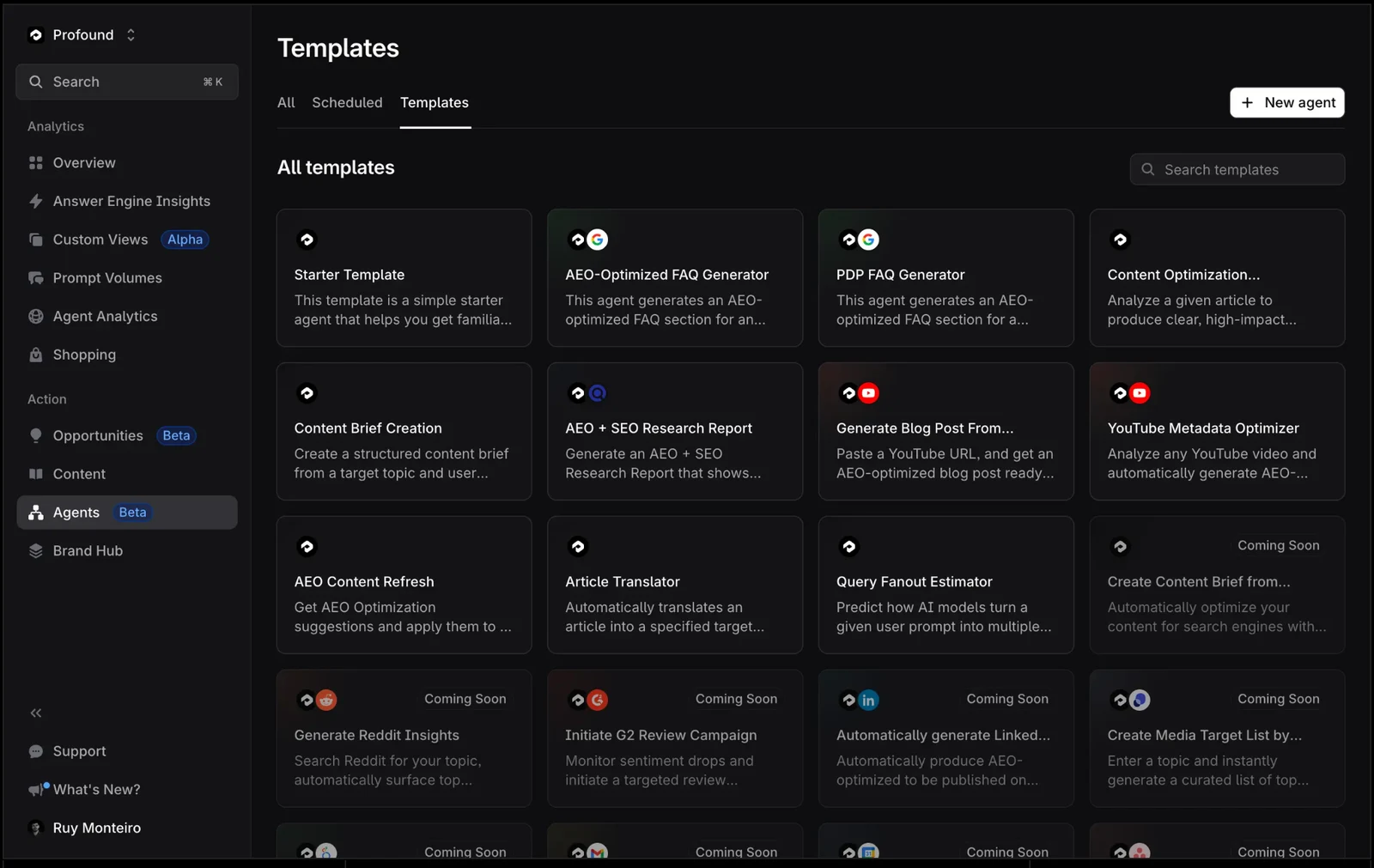 The Profound Agents template library, including an AEO-optimized FAQ generator and AEO content refresh