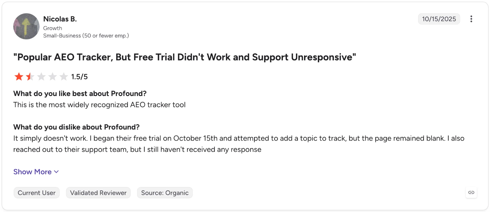 Nicolas B. rates Profound 1.5 out of 5 on G2: the free trial did not work and support did not reply