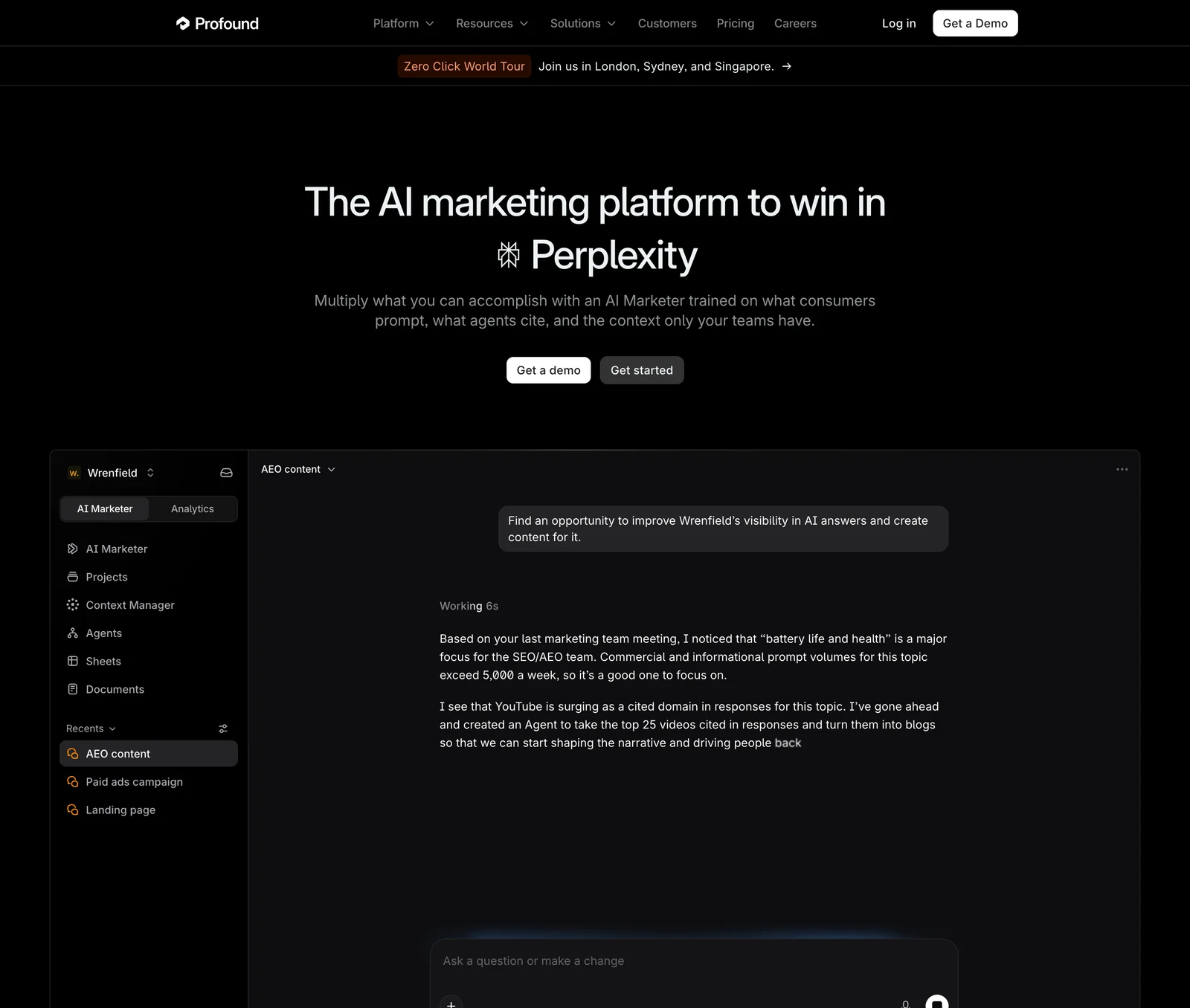 The Profound homepage, with the AI Marketer chat on screen