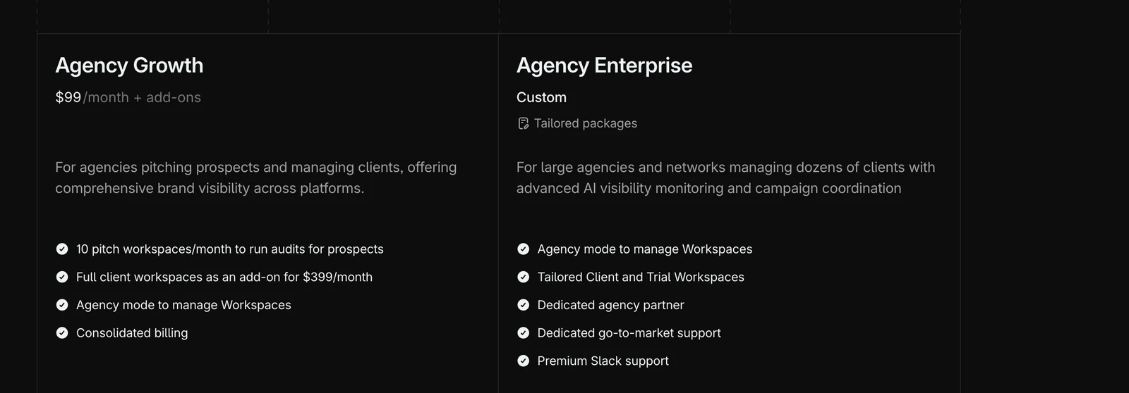 Profound agency pricing: Agency Growth at $99 a month plus add-ons, and a custom Agency Enterprise plan