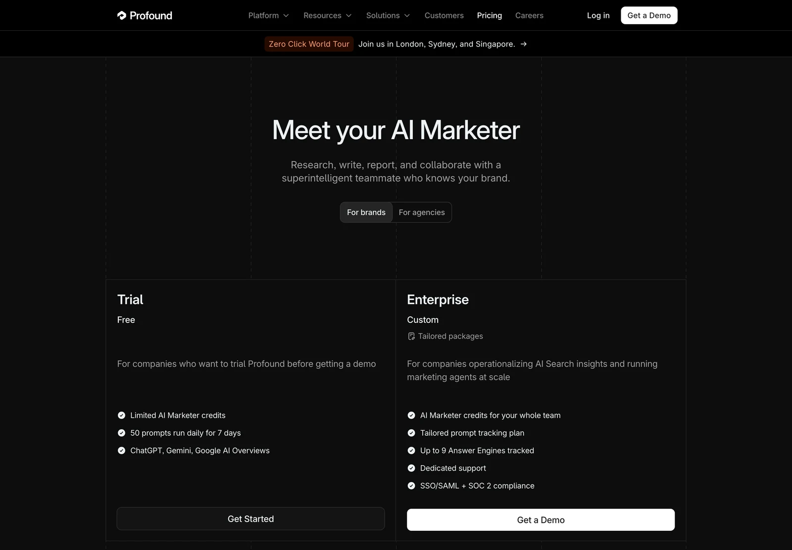 Profound pricing for brands: a free Trial and a custom-priced Enterprise plan