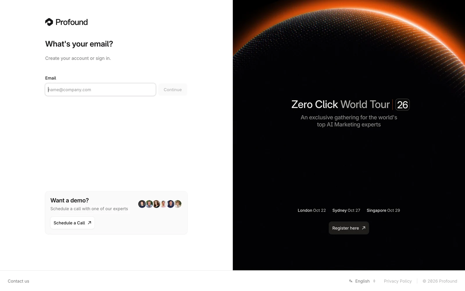 The Profound sign-in page asking for your email to create an account or sign in