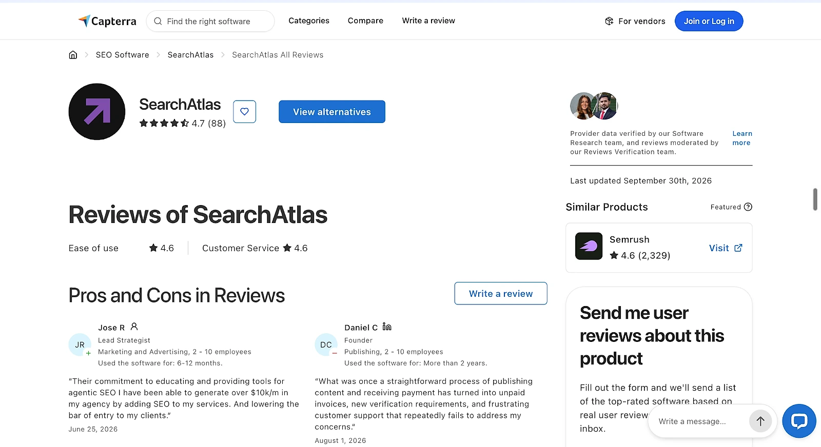 Search Atlas rated 4.7 from 88 reviews on Capterra
