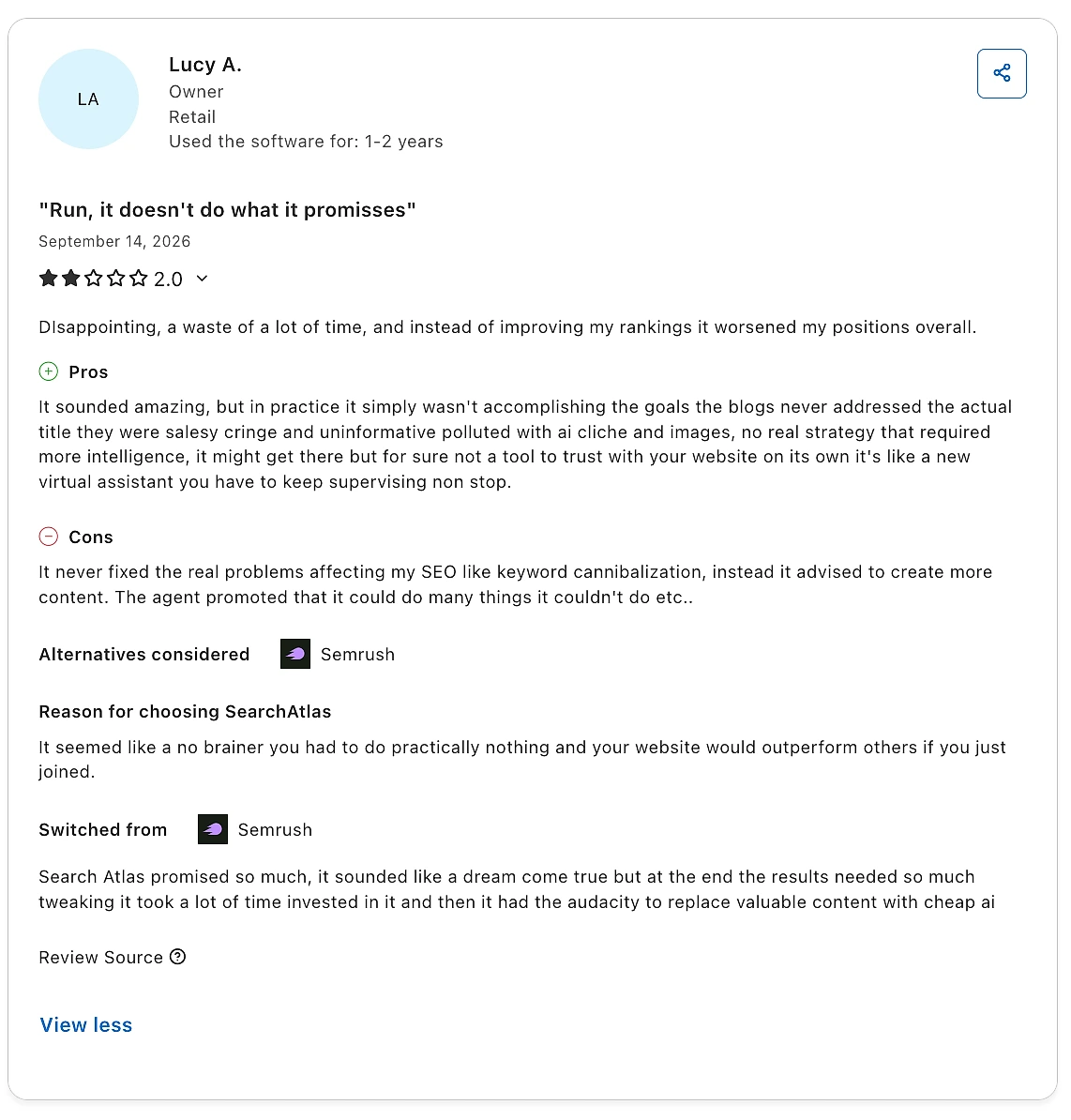 A two-star Search Atlas review on Capterra